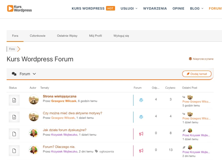 Widok forum dla Studentów kursu WordPress