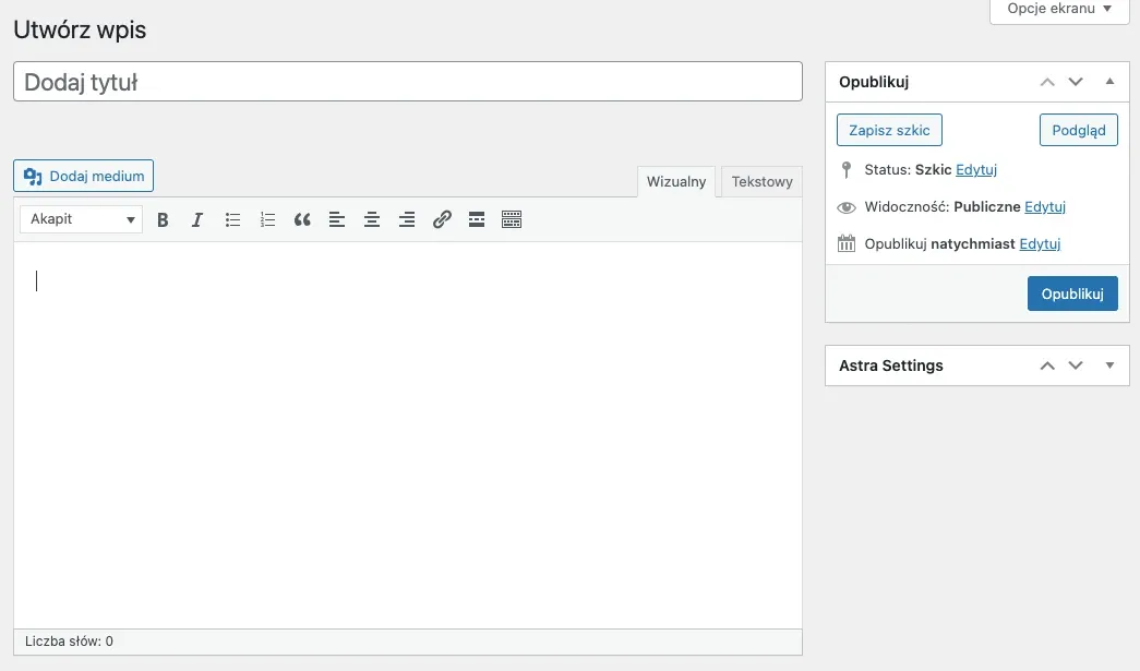 Widok dodawania nowego wpisu przy wykorzystaniu standardowego edytora WordPress