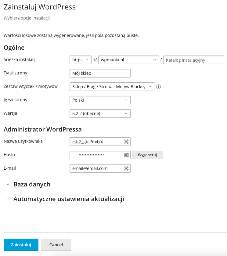 Formularz umożliwiający instalację WordPressa także z zestawem odpowiednich wtyczek i motywu dla sklepu WooCommerce.