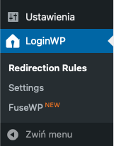 Menu boczne WordPressa z zaznaczoną opcją LoginWP, pod którą znajdują się 'Redirection Rules' i 'Settings'