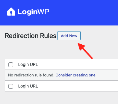 Ekran ustawień LoginWP z opcją 'Redirection Rules' i przyciskiem 'Add New' wskazanym czerwoną strzałką.
