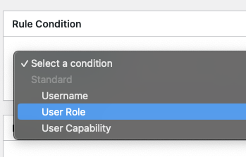 Rozwijane menu 'Rule Condition' z zaznaczoną opcją 'User Role' dla ustawienia przekierowań w LoginWP