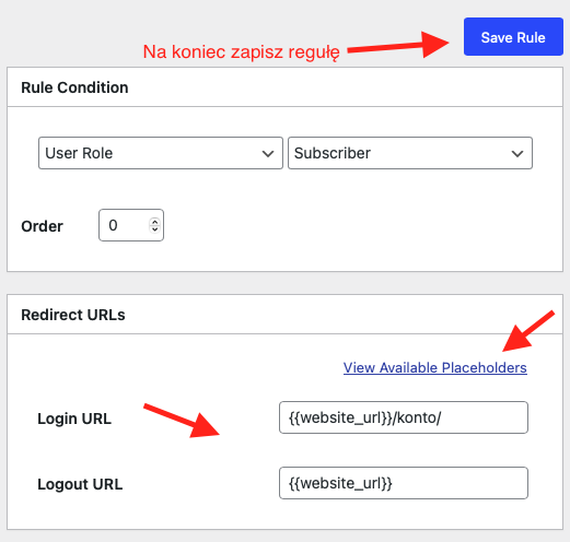 Sekcja 'Redirect URLs' w LoginWP z polami do wpisania adresów URL logowania i wylogowania, wskazanymi czerwonymi strzałkami i przyciskiem 'Save Rule'